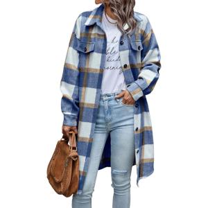 image:imagePRETTYGARDEN Womens Plaid Shacket Jacket Fall Fashion 2026 Long Sleeve Button Up Flannel Shirt Winter Clothing Woolen CoatsPlaid Blue White