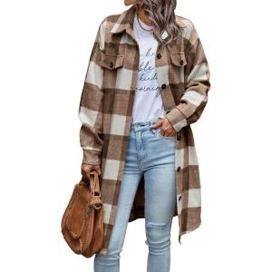 image:imagePRETTYGARDEN Womens Plaid Shacket Jacket Fall Fashion 2026 Long Sleeve Button Up Flannel Shirt Winter Clothing Woolen CoatsPlaid Brown