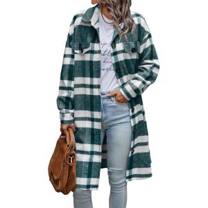 image:imagePRETTYGARDEN Womens Plaid Shacket Jacket Fall Fashion 2026 Long Sleeve Button Up Flannel Shirt Winter Clothing Woolen CoatsPlaid Dark Green