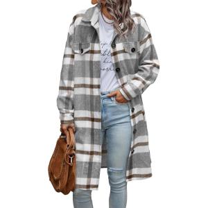 image:imagePRETTYGARDEN Womens Plaid Shacket Jacket Fall Fashion 2026 Long Sleeve Button Up Flannel Shirt Winter Clothing Woolen CoatsPlaid Grey