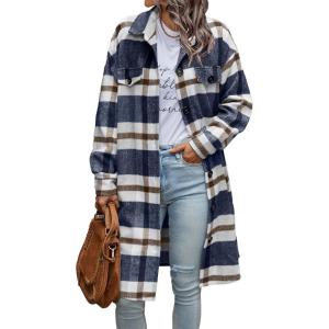 image:imagePRETTYGARDEN Womens Plaid Shacket Jacket Fall Fashion 2026 Long Sleeve Button Up Flannel Shirt Winter Clothing Woolen CoatsPlaid Navy