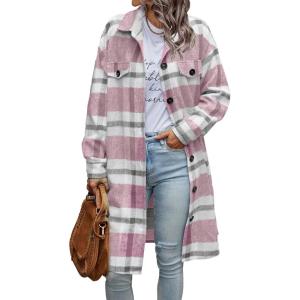 image:imagePRETTYGARDEN Womens Plaid Shacket Jacket Fall Fashion 2026 Long Sleeve Button Up Flannel Shirt Winter Clothing Woolen CoatsPlaid Pink
