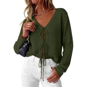 image:imagePRETTYGARDEN Womens Tie Front Cardigan 2026 Summer Boho Crochet Knit Cover Up Beach Vacation Hollow Out Lightweight TopsArmy Green