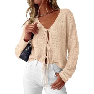 image:imagePRETTYGARDEN Womens Tie Front Cardigan 2026 Summer Boho Crochet Knit Cover Up Beach Vacation Hollow Out Lightweight TopsBeige