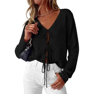 image:imagePRETTYGARDEN Womens Tie Front Cardigan 2026 Summer Boho Crochet Knit Cover Up Beach Vacation Hollow Out Lightweight TopsBlack