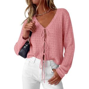 image:imagePRETTYGARDEN Womens Tie Front Cardigan 2026 Summer Boho Crochet Knit Cover Up Beach Vacation Hollow Out Lightweight TopsPink