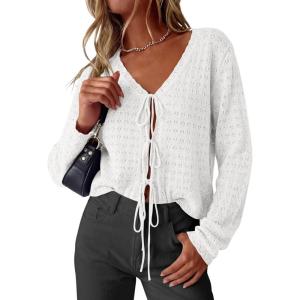 image:imagePRETTYGARDEN Womens Tie Front Cardigan 2026 Summer Boho Crochet Knit Cover Up Beach Vacation Hollow Out Lightweight TopsWhite