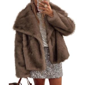 image:imagePRETTYGARDEN Womens Winter Coats 2026 Trendy Long Sleeve Furry Faux Fur Jackets Button Lapel Warm Fall Outwear with PocketsBlack Khaki