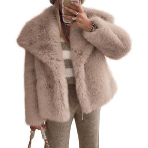 image:imagePRETTYGARDEN Womens Winter Coats 2026 Trendy Long Sleeve Furry Faux Fur Jackets Button Lapel Warm Fall Outwear with PocketsKhaki