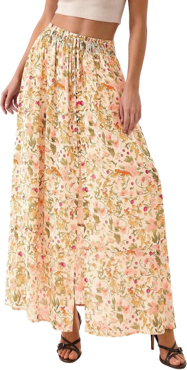 image:imagePRETTYGARDEN 2026 Summer Maxi Long Skirts for Women Trendy Boho Floral High Waisted Slit Flowy Travel Beach Vacation ClothesFloral Beige Multicolored