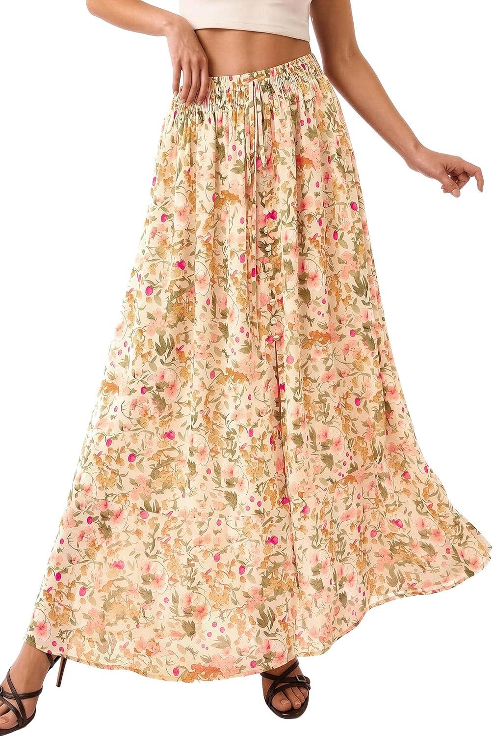 image:imagePRETTYGARDEN 2026 Summer Maxi Long Skirts for Women Trendy Boho Floral High Waisted Slit Flowy Travel Beach Vacation ClothesFloral Beige Multicolored