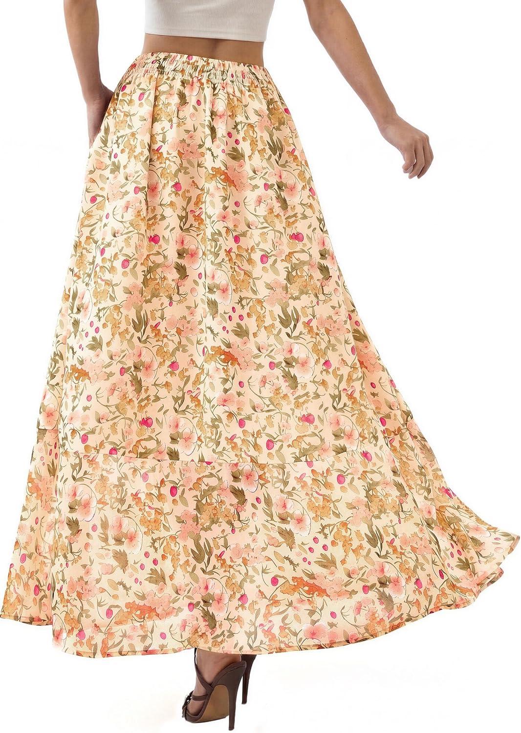 image:imagePRETTYGARDEN 2026 Summer Maxi Long Skirts for Women Trendy Boho Floral High Waisted Slit Flowy Travel Beach Vacation ClothesFloral Beige Multicolored