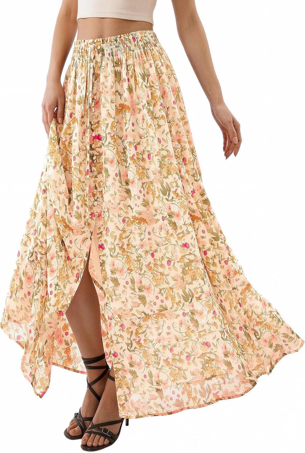 image:imagePRETTYGARDEN 2026 Summer Maxi Long Skirts for Women Trendy Boho Floral High Waisted Slit Flowy Travel Beach Vacation ClothesFloral Beige Multicolored