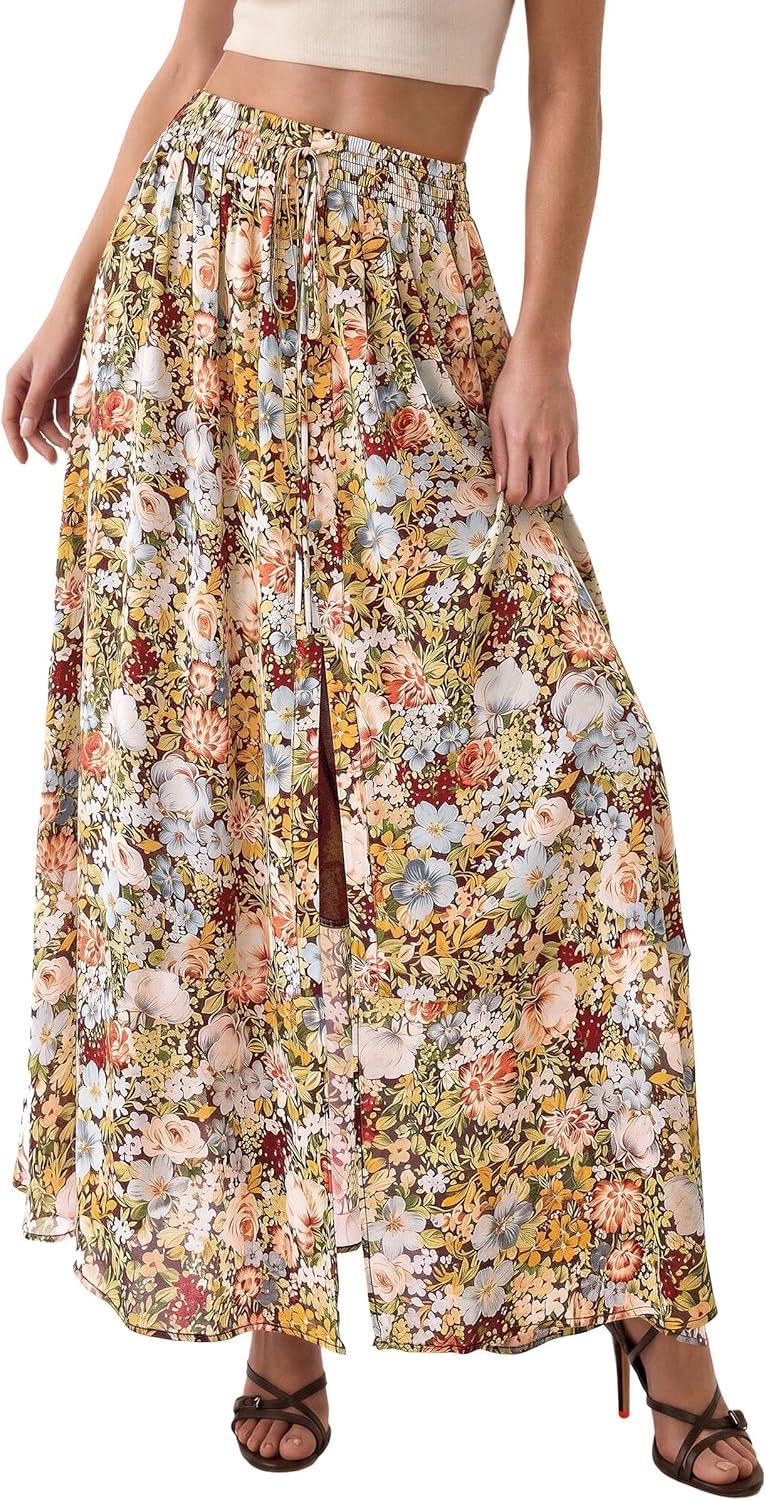 image:imagePRETTYGARDEN 2026 Summer Maxi Long Skirts for Women Trendy Boho Floral High Waisted Slit Flowy Travel Beach Vacation ClothesFloral Multicolored