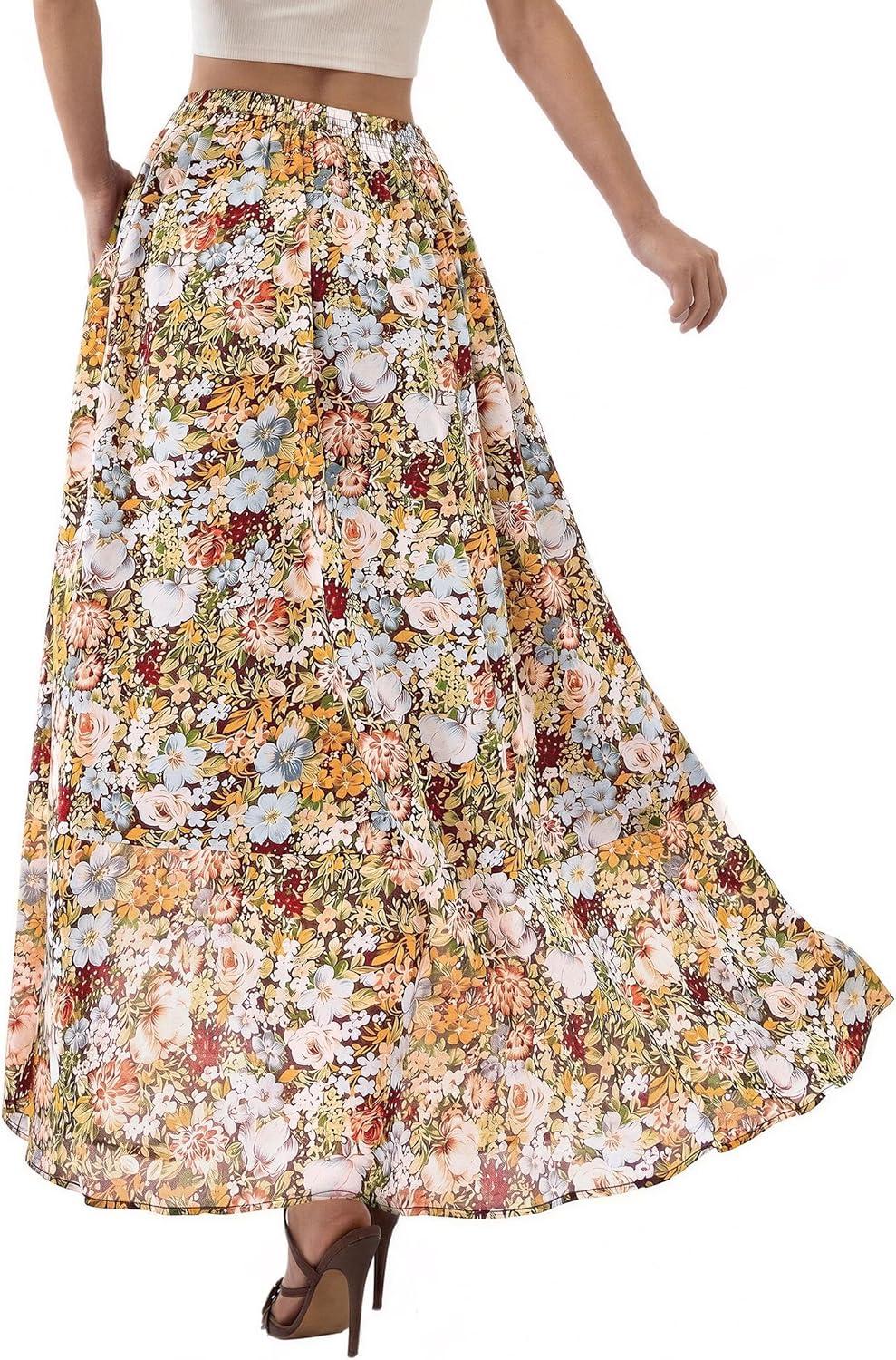 image:imagePRETTYGARDEN 2026 Summer Maxi Long Skirts for Women Trendy Boho Floral High Waisted Slit Flowy Travel Beach Vacation ClothesFloral Multicolored