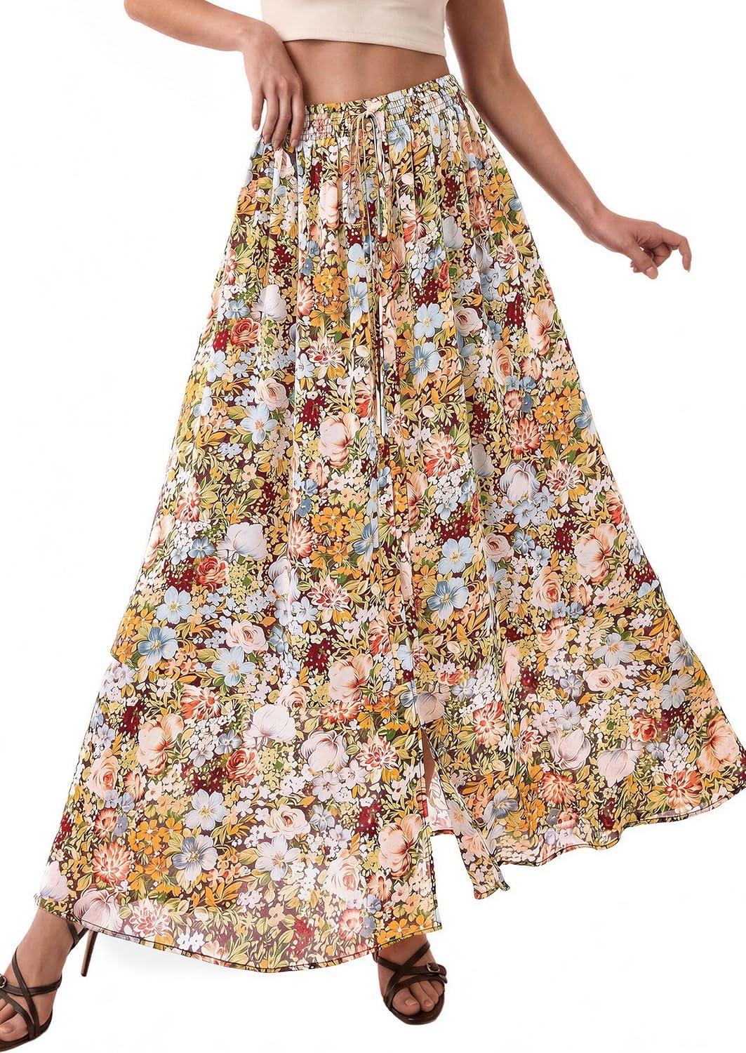 image:imagePRETTYGARDEN 2026 Summer Maxi Long Skirts for Women Trendy Boho Floral High Waisted Slit Flowy Travel Beach Vacation ClothesFloral Multicolored