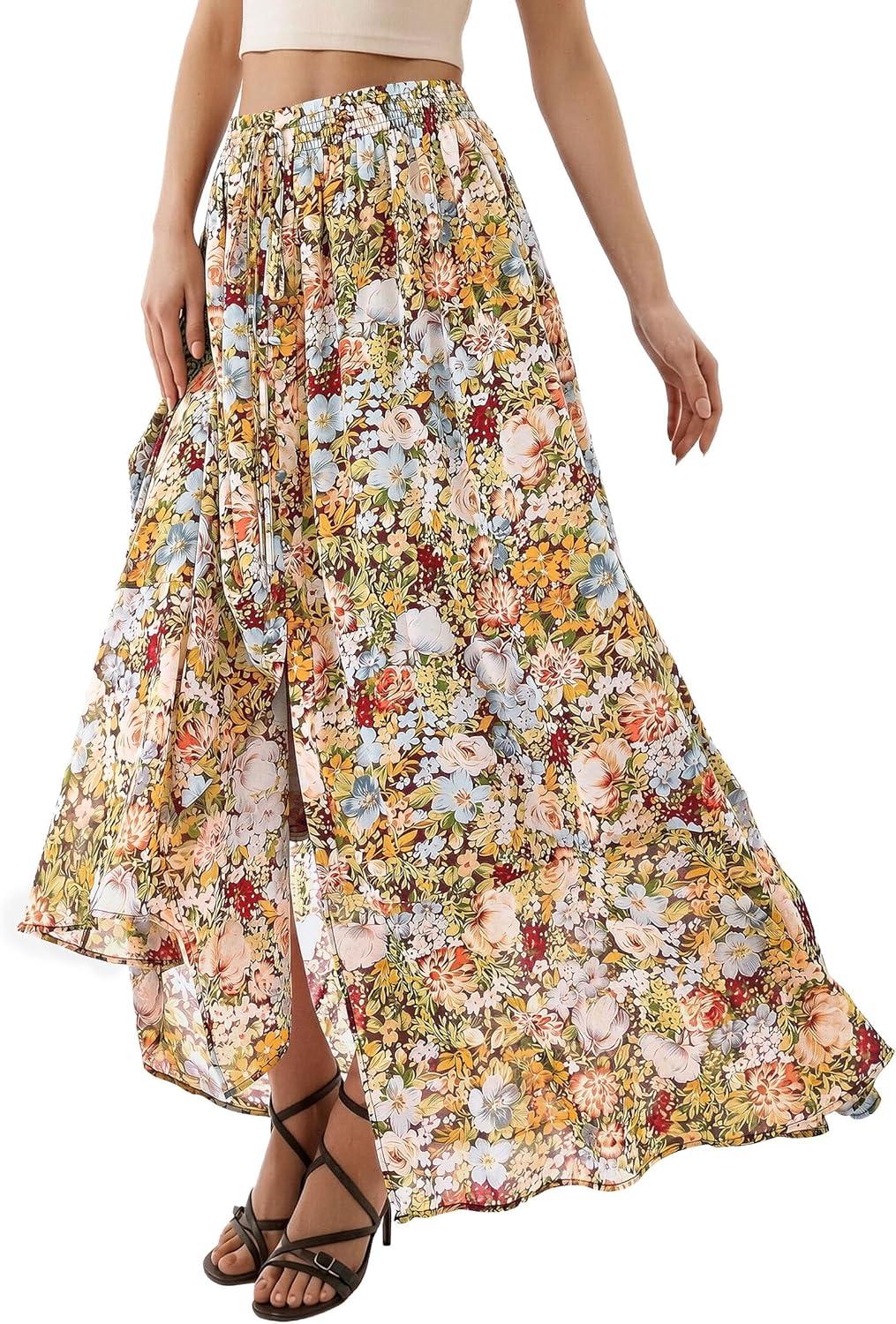 image:imagePRETTYGARDEN 2026 Summer Maxi Long Skirts for Women Trendy Boho Floral High Waisted Slit Flowy Travel Beach Vacation ClothesFloral Multicolored