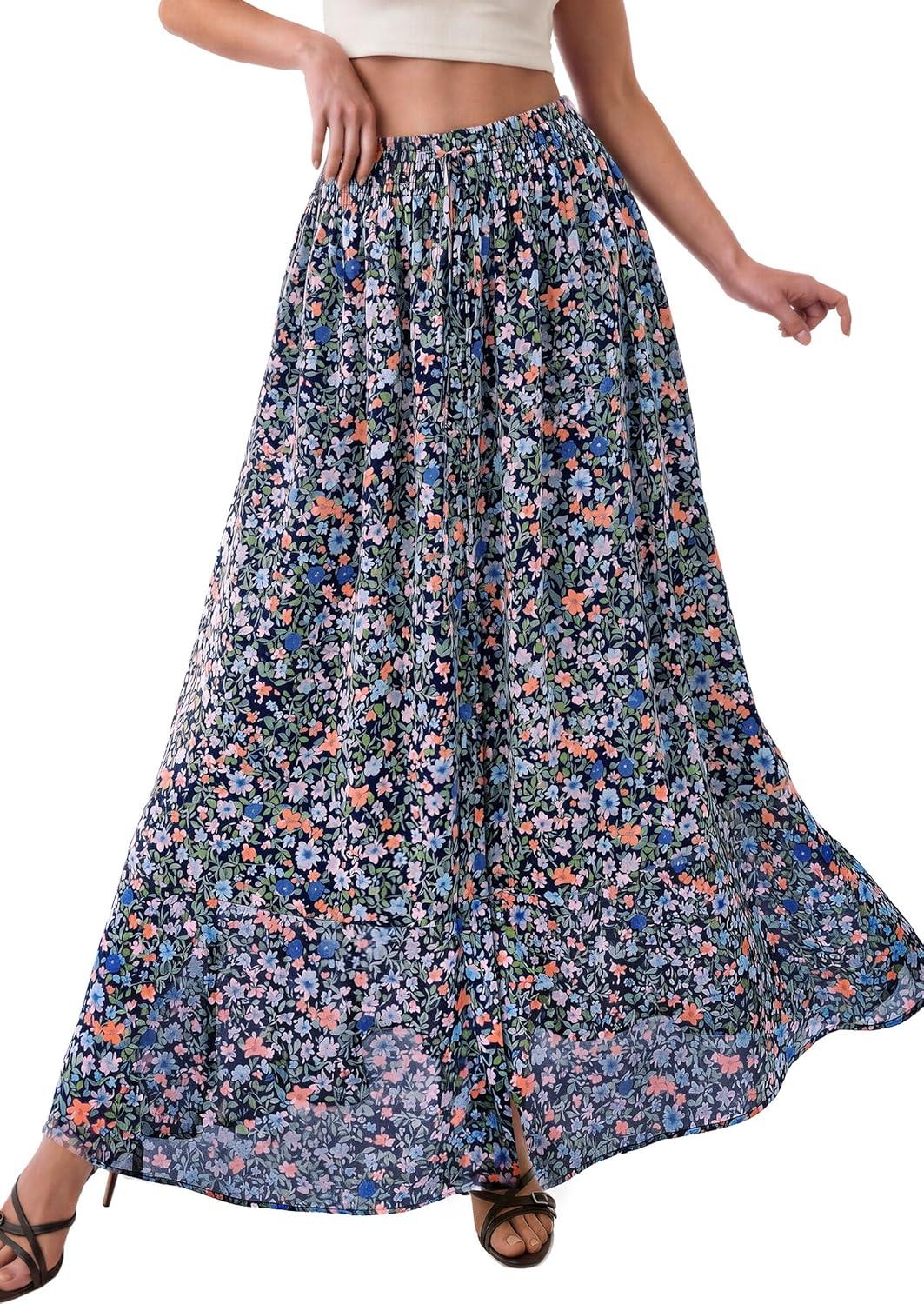 image:imagePRETTYGARDEN 2026 Summer Maxi Long Skirts for Women Trendy Boho Floral High Waisted Slit Flowy Travel Beach Vacation ClothesFloral Navy Multicolored
