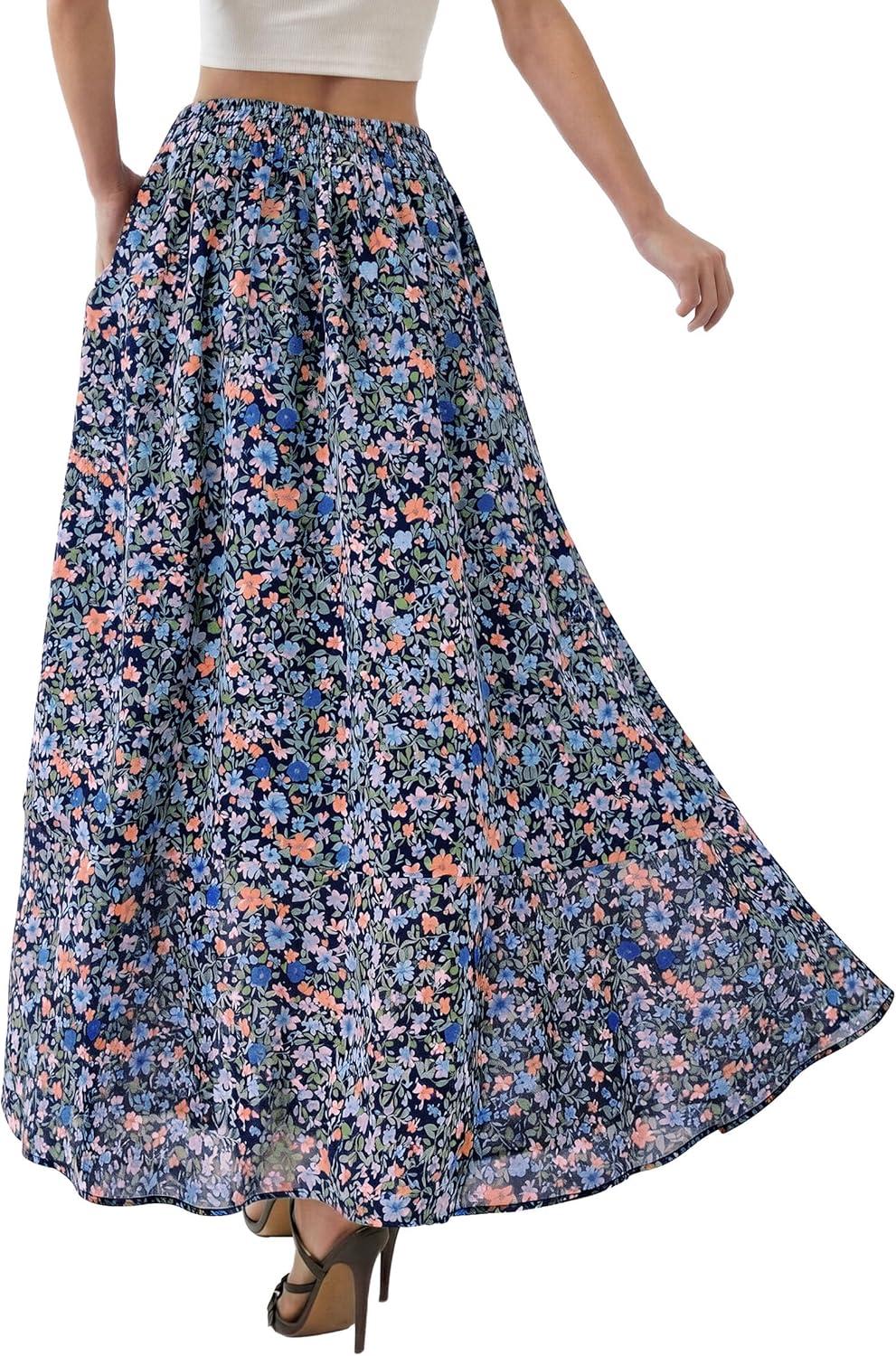 image:imagePRETTYGARDEN 2026 Summer Maxi Long Skirts for Women Trendy Boho Floral High Waisted Slit Flowy Travel Beach Vacation ClothesFloral Navy Multicolored