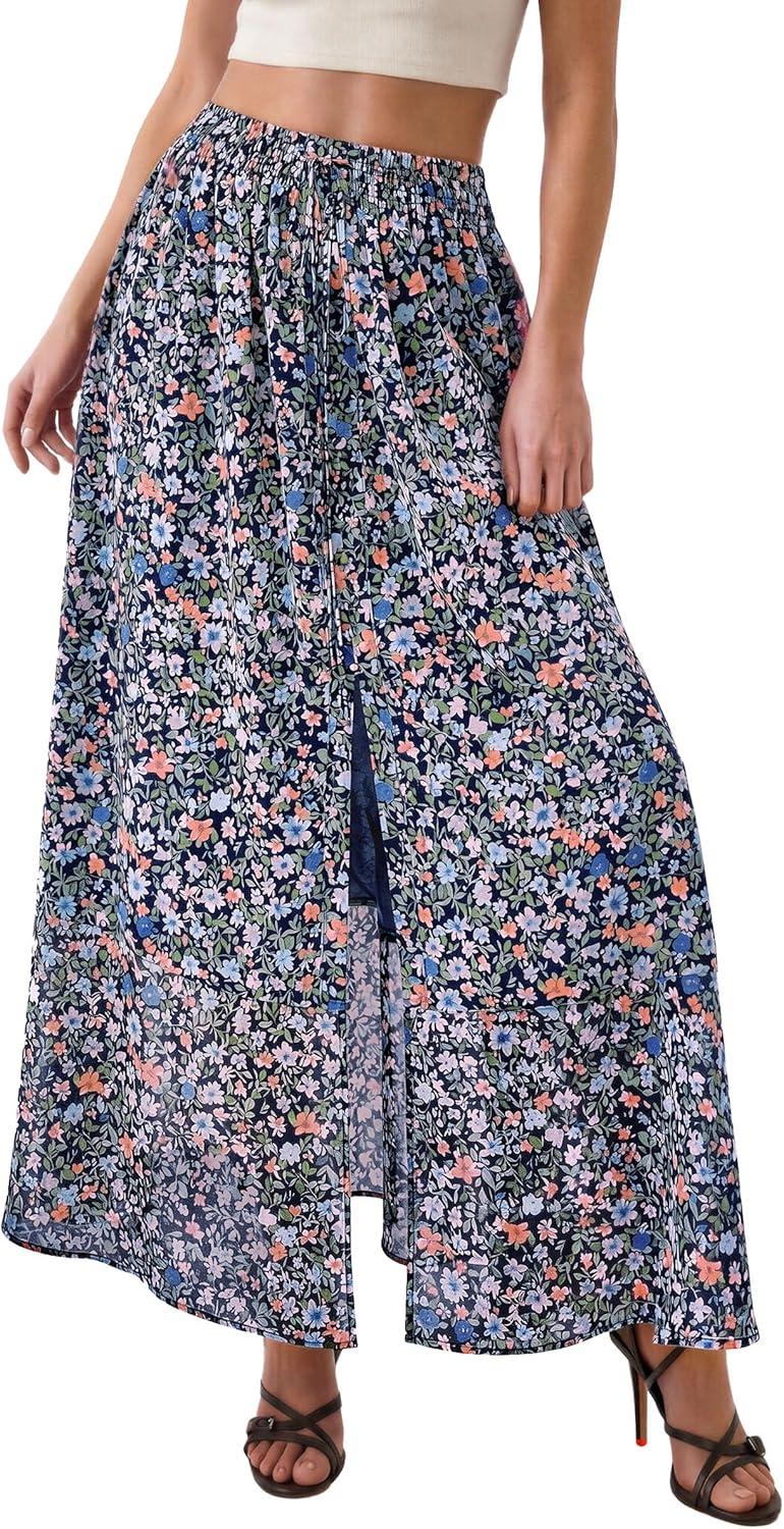 image:imagePRETTYGARDEN 2026 Summer Maxi Long Skirts for Women Trendy Boho Floral High Waisted Slit Flowy Travel Beach Vacation ClothesFloral Navy Multicolored