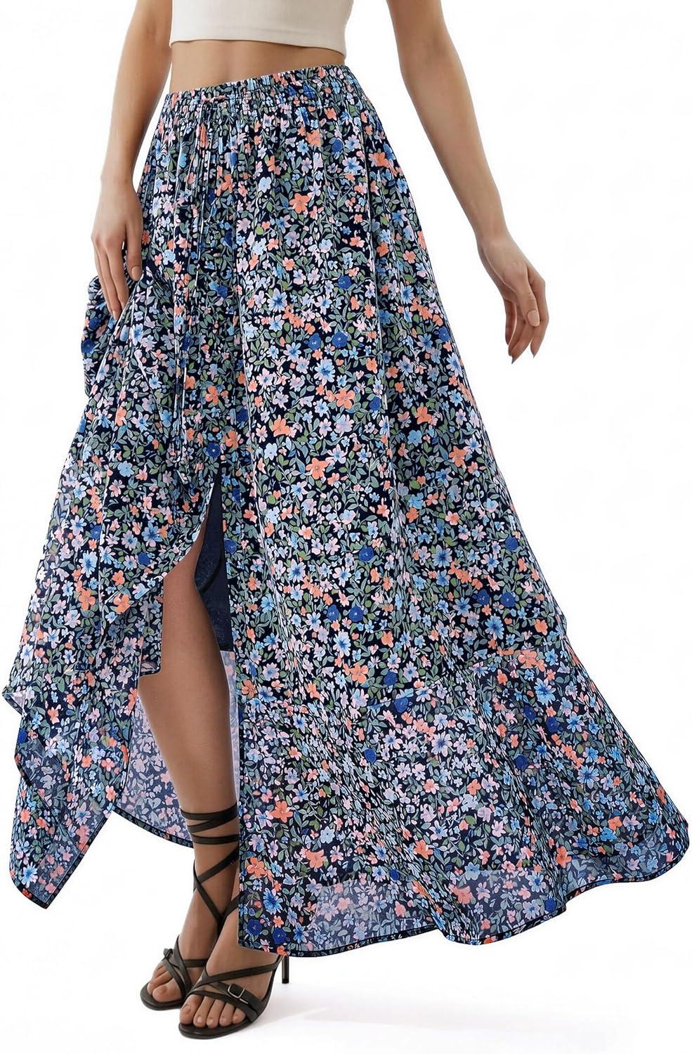image:imagePRETTYGARDEN 2026 Summer Maxi Long Skirts for Women Trendy Boho Floral High Waisted Slit Flowy Travel Beach Vacation ClothesFloral Navy Multicolored
