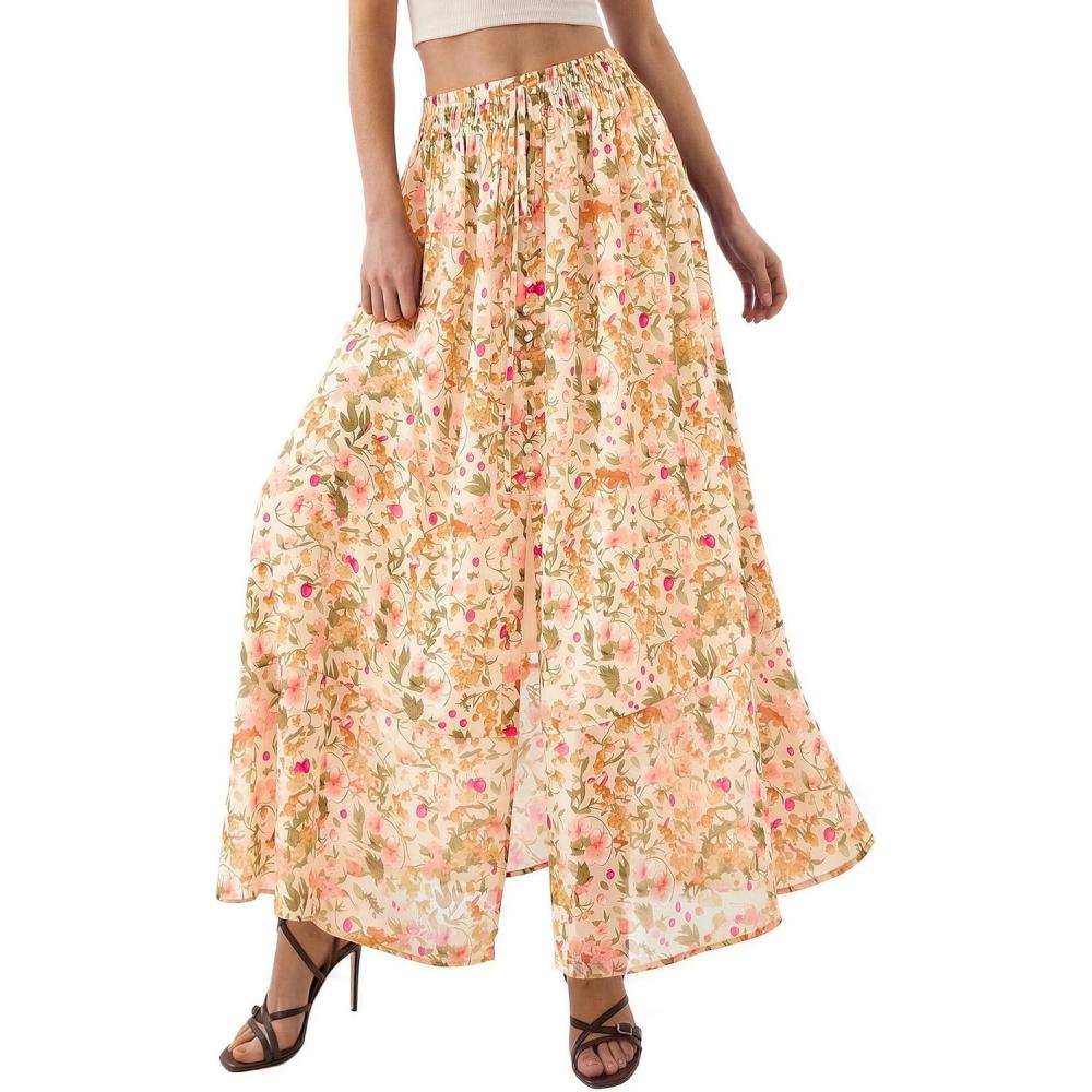 image:imagePRETTYGARDEN 2026 Summer Maxi Long Skirts for Women Trendy Boho Floral High Waisted Slit Flowy Travel Beach Vacation ClothesFloral Beige Multicolored