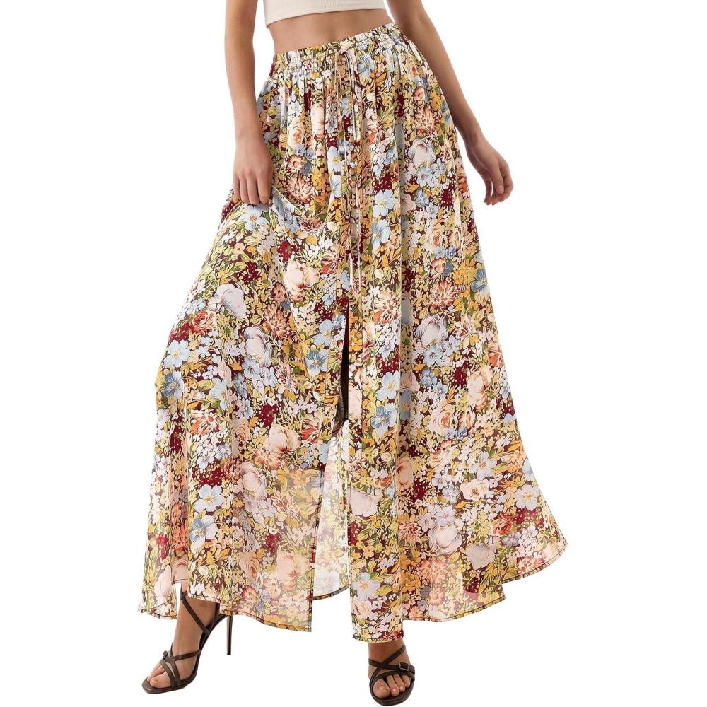 image:imagePRETTYGARDEN 2026 Summer Maxi Long Skirts for Women Trendy Boho Floral High Waisted Slit Flowy Travel Beach Vacation ClothesFloral Multicolored