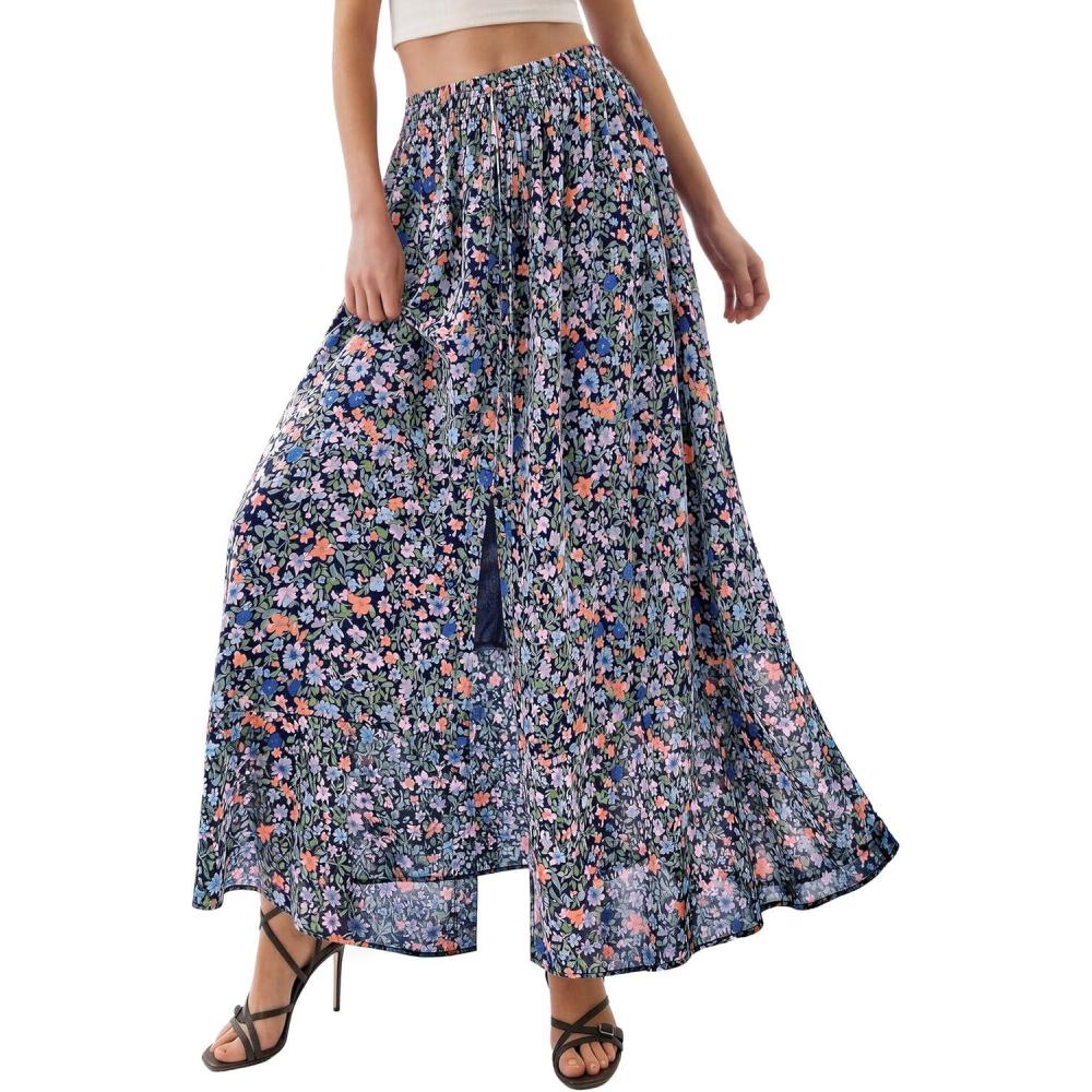 image:imagePRETTYGARDEN 2026 Summer Maxi Long Skirts for Women Trendy Boho Floral High Waisted Slit Flowy Travel Beach Vacation ClothesFloral Navy Multicolored
