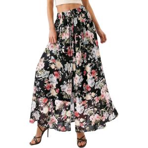 image:imagePRETTYGARDEN 2026 Summer Maxi Long Skirts for Women Trendy Boho Floral High Waisted Slit Flowy Travel Beach Vacation ClothesBlack Big Floral