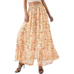 image:imagePRETTYGARDEN 2026 Summer Maxi Long Skirts for Women Trendy Boho Floral High Waisted Slit Flowy Travel Beach Vacation ClothesFloral Beige Multicolored