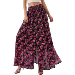image:imagePRETTYGARDEN 2026 Summer Maxi Long Skirts for Women Trendy Boho Floral High Waisted Slit Flowy Travel Beach Vacation ClothesFloral Black Rose Red