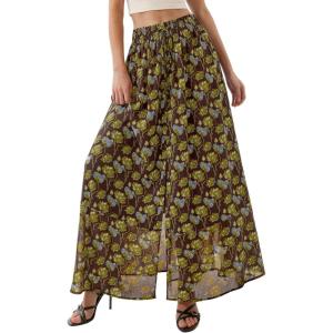 image:imagePRETTYGARDEN 2026 Summer Maxi Long Skirts for Women Trendy Boho Floral High Waisted Slit Flowy Travel Beach Vacation ClothesFloral Brown Light Green