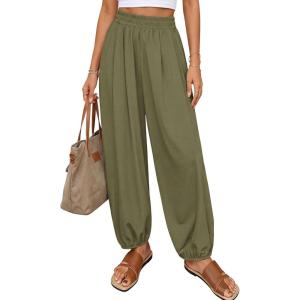 image:imagePRETTYGARDEN Womens 2026 Summer Casual Pants High Waisted Loose Wide Leg Palazzo Pockets Lounge Beach Travel Trousers OutfitsArmy Green