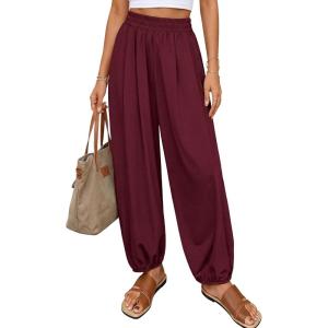 image:imagePRETTYGARDEN Womens 2026 Summer Casual Pants High Waisted Loose Wide Leg Palazzo Pockets Lounge Beach Travel Trousers OutfitsBurgundy
