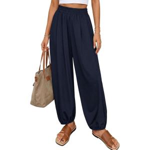 image:imagePRETTYGARDEN Womens 2026 Summer Casual Pants High Waisted Loose Wide Leg Palazzo Pockets Lounge Beach Travel Trousers OutfitsNavy Blue