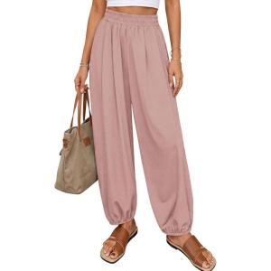 image:imagePRETTYGARDEN Womens 2026 Summer Casual Pants High Waisted Loose Wide Leg Palazzo Pockets Lounge Beach Travel Trousers OutfitsPink