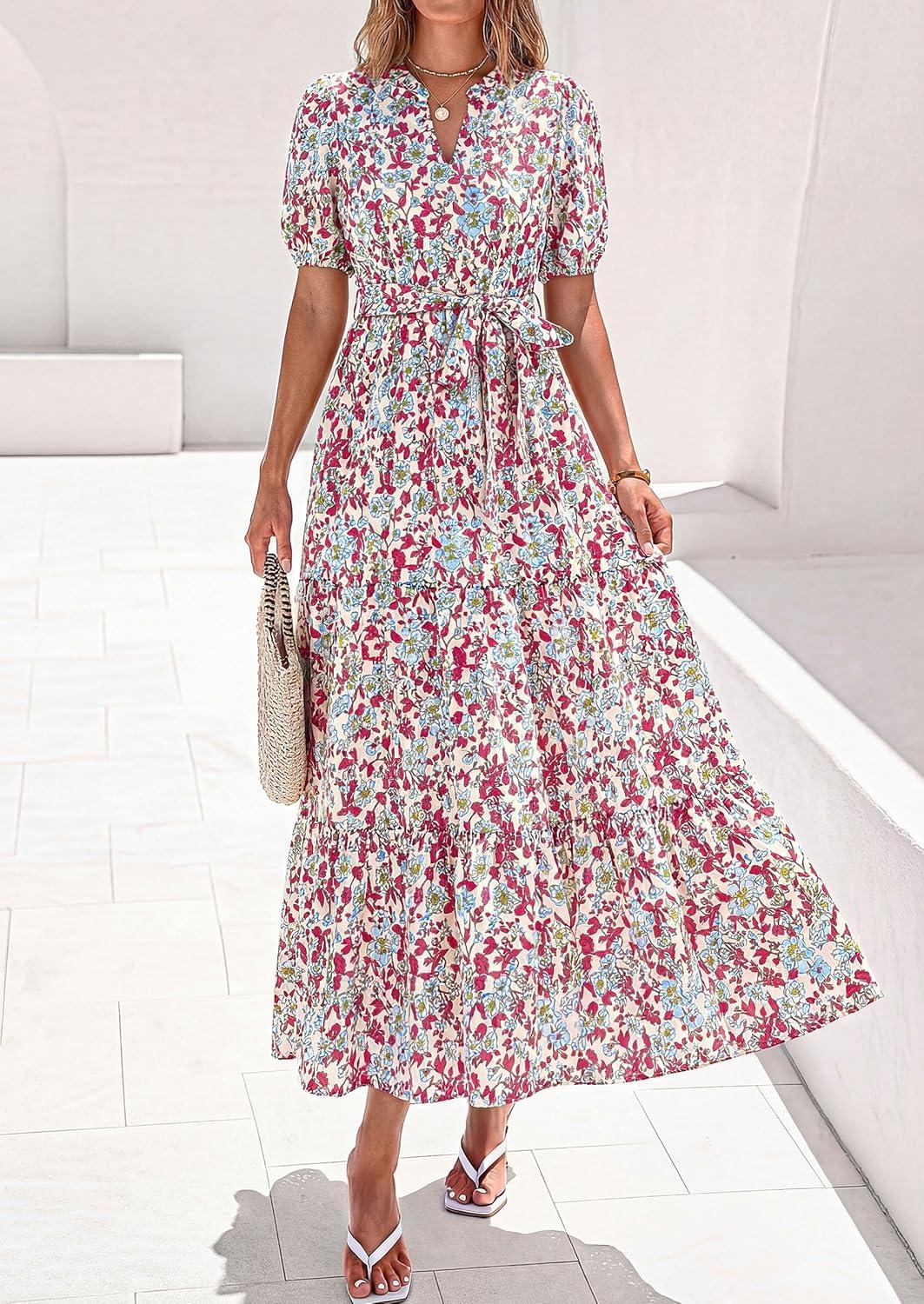 image:imagePRETTYGARDEN Womens Summer Maxi Dresses Boho Floral Short Sleeve V Neck Casual Wedding Guest 2026 Beach Vacation OutfitsFloral Beige Multicolored