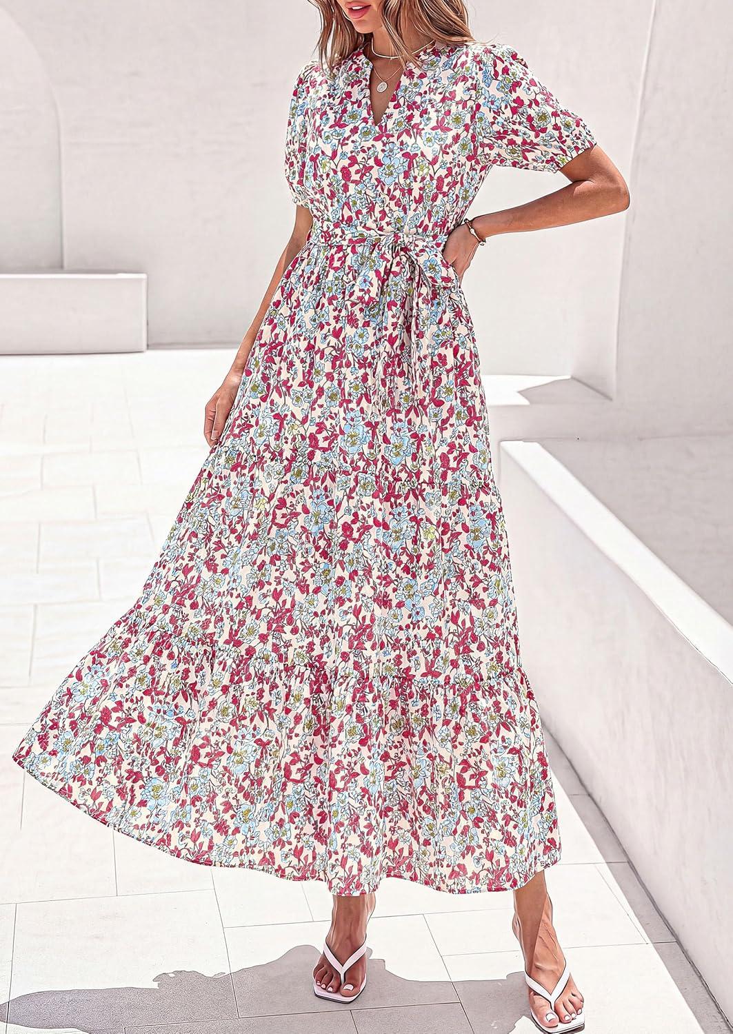 image:imagePRETTYGARDEN Womens Summer Maxi Dresses Boho Floral Short Sleeve V Neck Casual Wedding Guest 2026 Beach Vacation OutfitsFloral Beige Multicolored