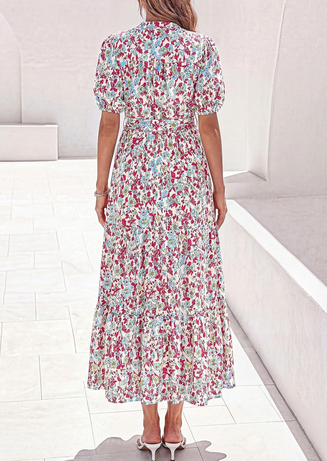 image:imagePRETTYGARDEN Womens Summer Maxi Dresses Boho Floral Short Sleeve V Neck Casual Wedding Guest 2026 Beach Vacation OutfitsFloral Beige Multicolored