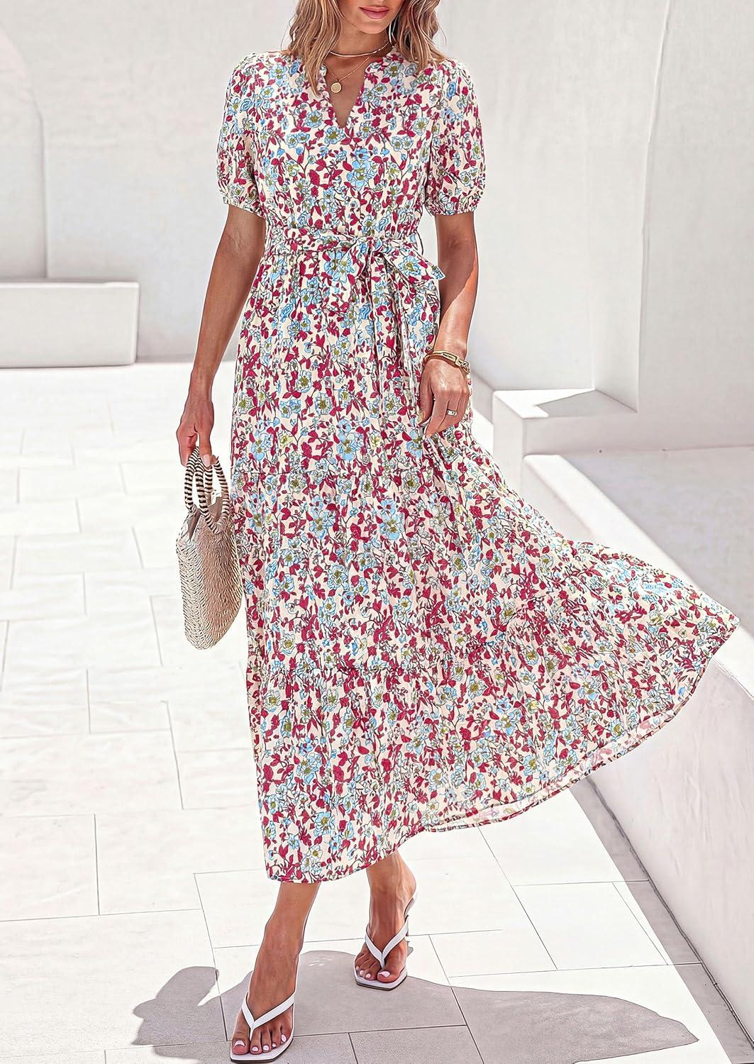 image:imagePRETTYGARDEN Womens Summer Maxi Dresses Boho Floral Short Sleeve V Neck Casual Wedding Guest 2026 Beach Vacation OutfitsFloral Beige Multicolored