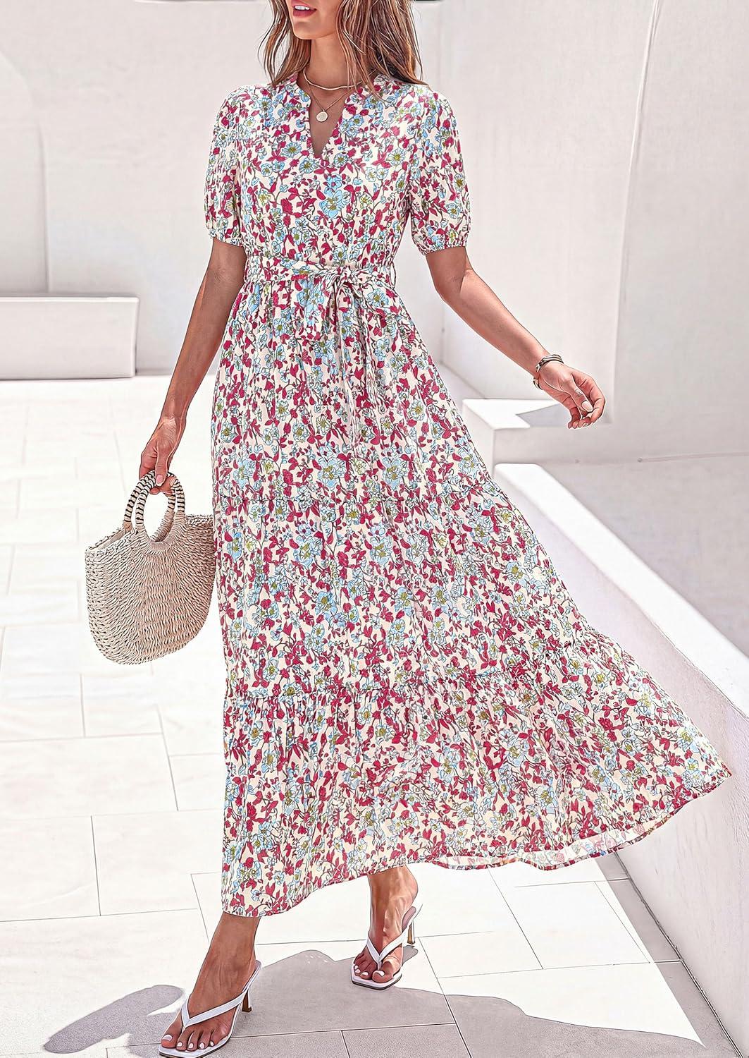image:imagePRETTYGARDEN Womens Summer Maxi Dresses Boho Floral Short Sleeve V Neck Casual Wedding Guest 2026 Beach Vacation OutfitsFloral Beige Multicolored