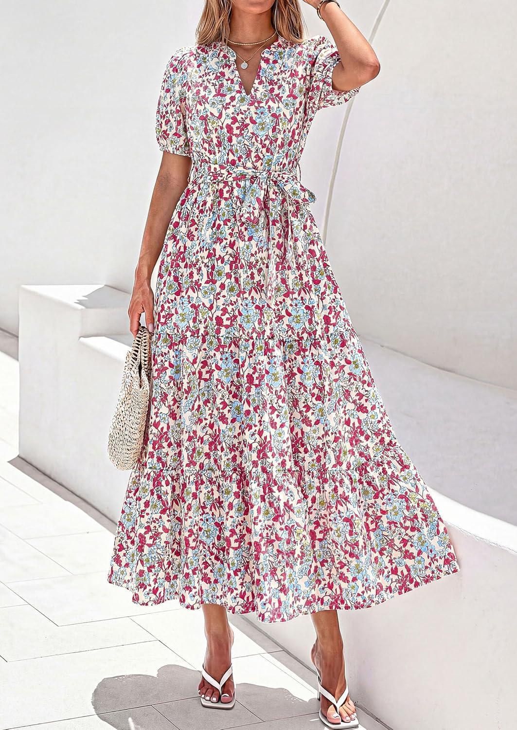 image:imagePRETTYGARDEN Womens Summer Maxi Dresses Boho Floral Short Sleeve V Neck Casual Wedding Guest 2026 Beach Vacation OutfitsFloral Beige Multicolored
