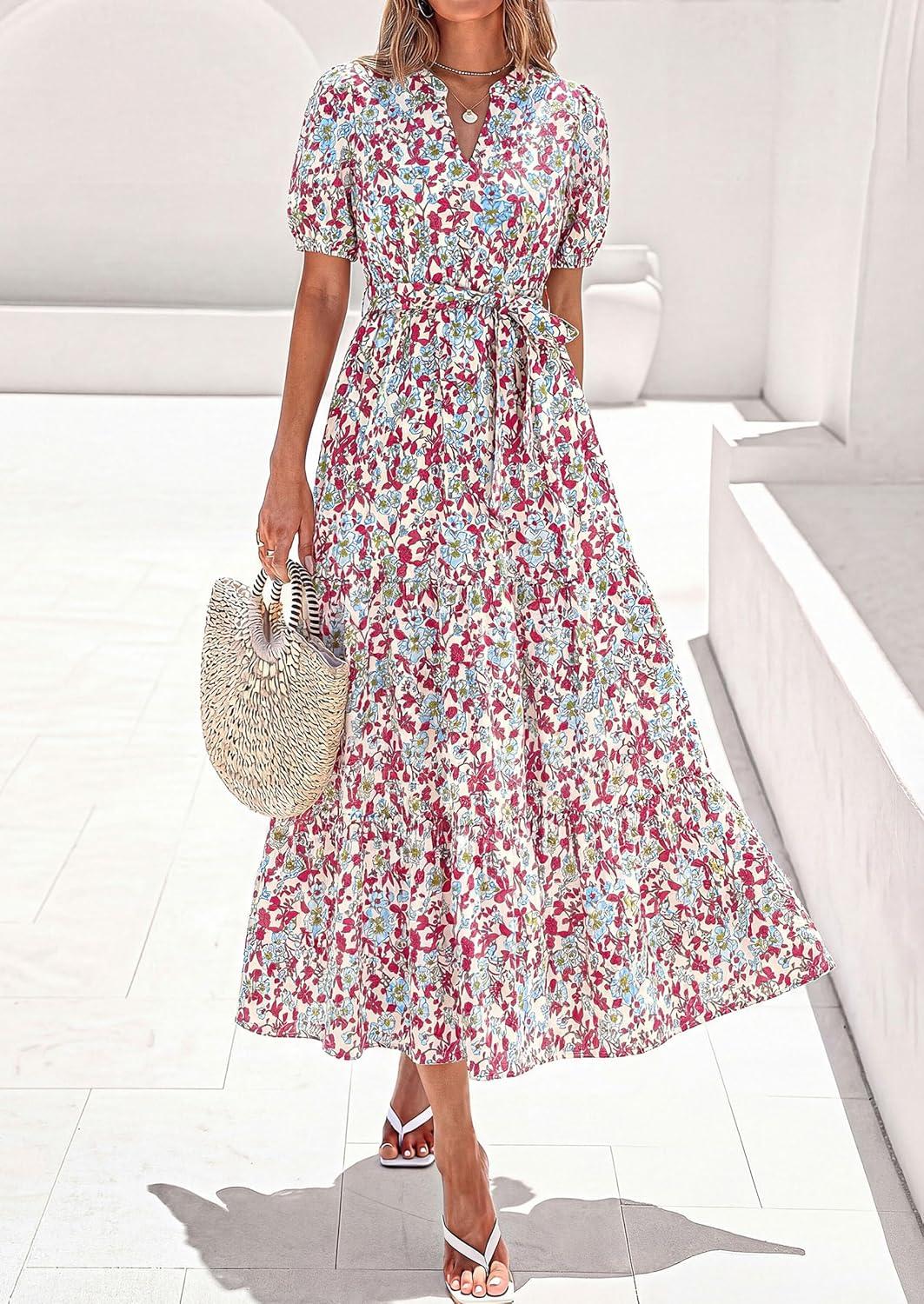 image:imagePRETTYGARDEN Womens Summer Maxi Dresses Boho Floral Short Sleeve V Neck Casual Wedding Guest 2026 Beach Vacation OutfitsFloral Beige Multicolored