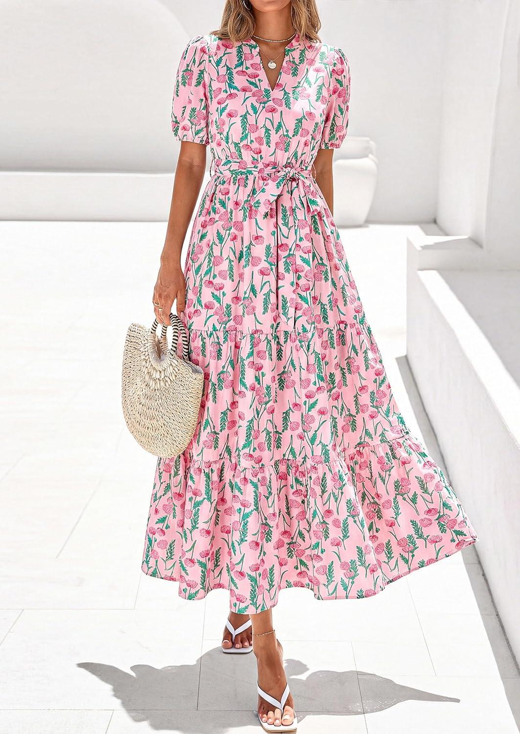 image:imagePRETTYGARDEN Womens Summer Maxi Dresses Boho Floral Short Sleeve V Neck Casual Wedding Guest 2026 Beach Vacation OutfitsFloral Pink Multicolored