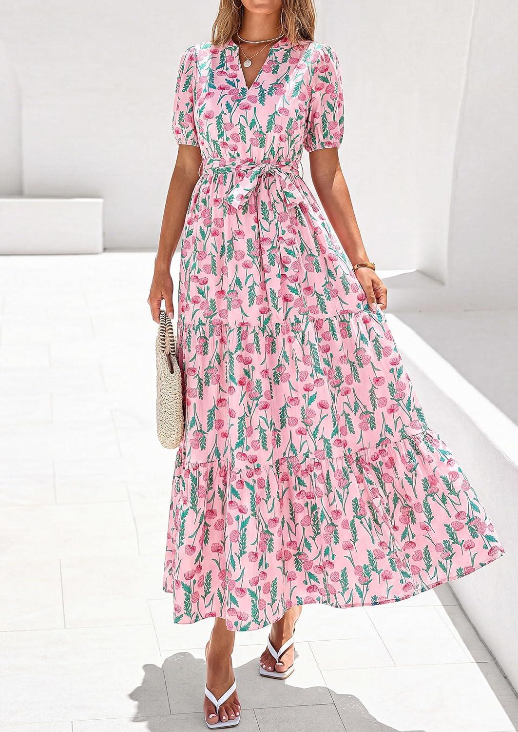 image:imagePRETTYGARDEN Womens Summer Maxi Dresses Boho Floral Short Sleeve V Neck Casual Wedding Guest 2026 Beach Vacation OutfitsFloral Pink Multicolored