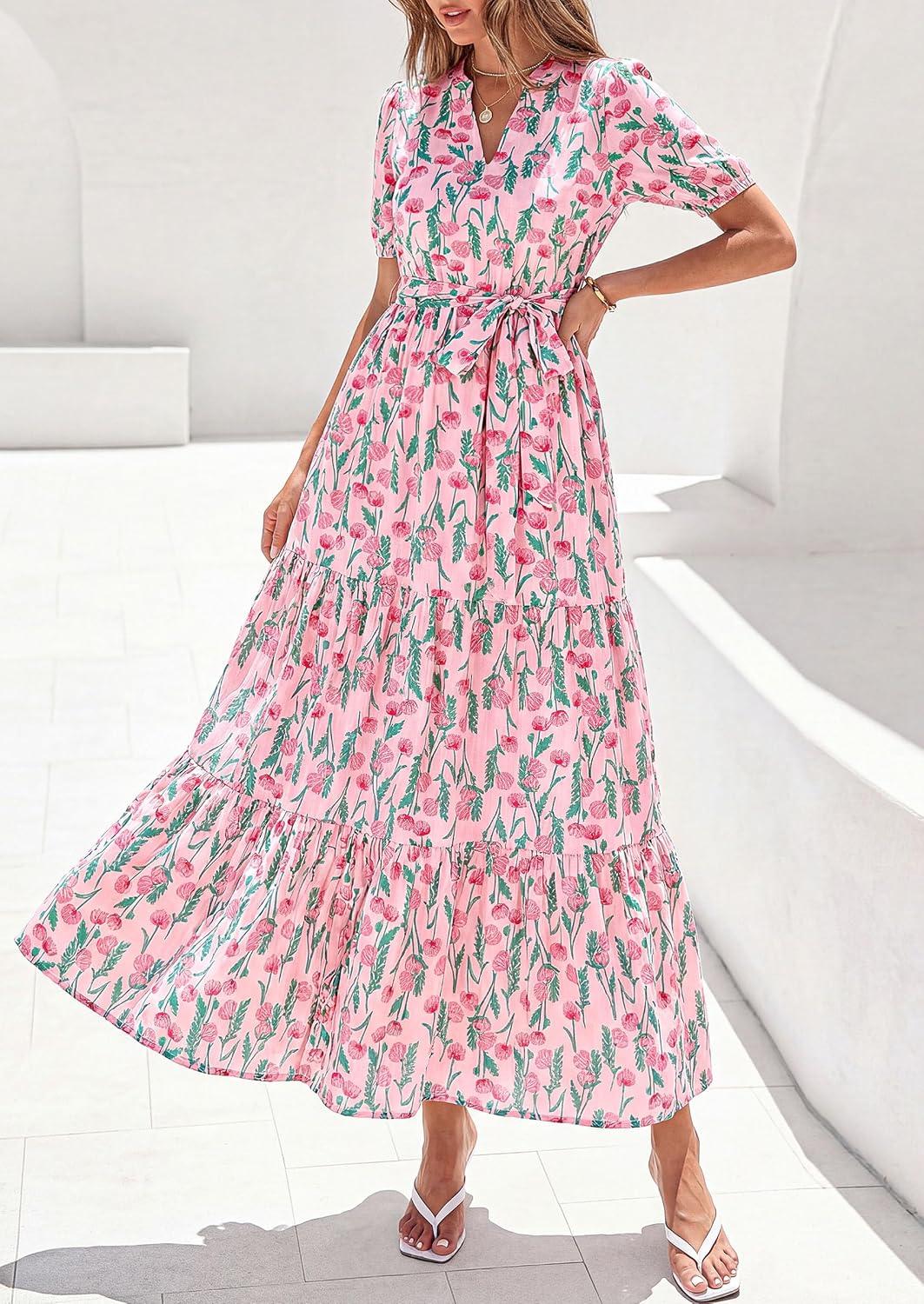 image:imagePRETTYGARDEN Womens Summer Maxi Dresses Boho Floral Short Sleeve V Neck Casual Wedding Guest 2026 Beach Vacation OutfitsFloral Pink Multicolored