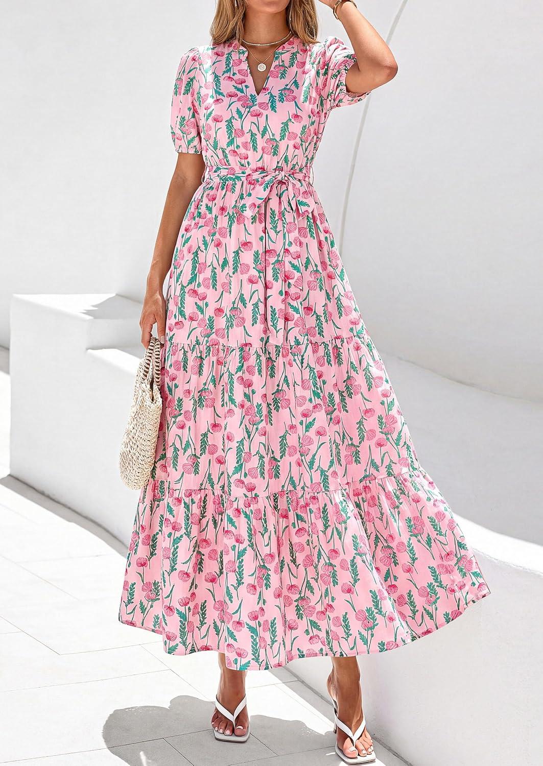 image:imagePRETTYGARDEN Womens Summer Maxi Dresses Boho Floral Short Sleeve V Neck Casual Wedding Guest 2026 Beach Vacation OutfitsFloral Pink Multicolored