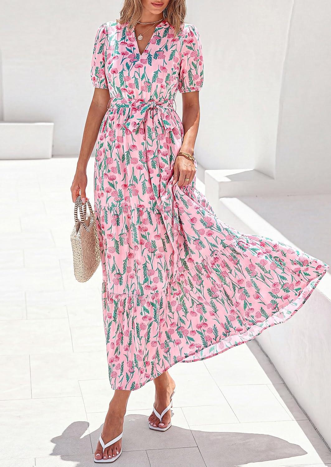 image:imagePRETTYGARDEN Womens Summer Maxi Dresses Boho Floral Short Sleeve V Neck Casual Wedding Guest 2026 Beach Vacation OutfitsFloral Pink Multicolored