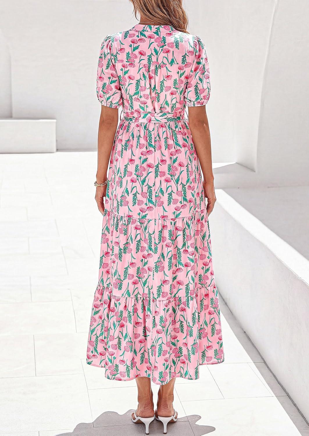 image:imagePRETTYGARDEN Womens Summer Maxi Dresses Boho Floral Short Sleeve V Neck Casual Wedding Guest 2026 Beach Vacation OutfitsFloral Pink Multicolored