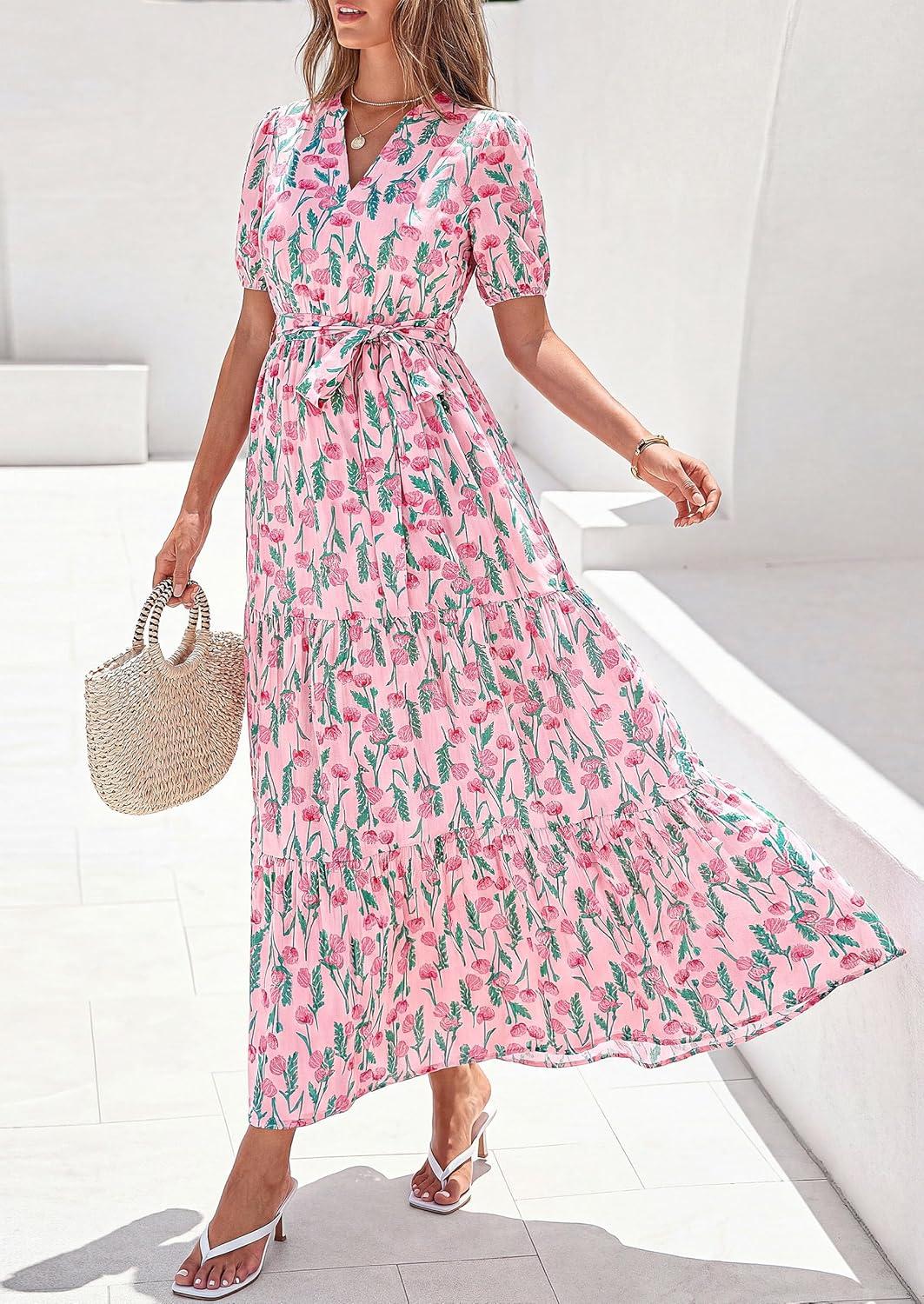 image:imagePRETTYGARDEN Womens Summer Maxi Dresses Boho Floral Short Sleeve V Neck Casual Wedding Guest 2026 Beach Vacation OutfitsFloral Pink Multicolored